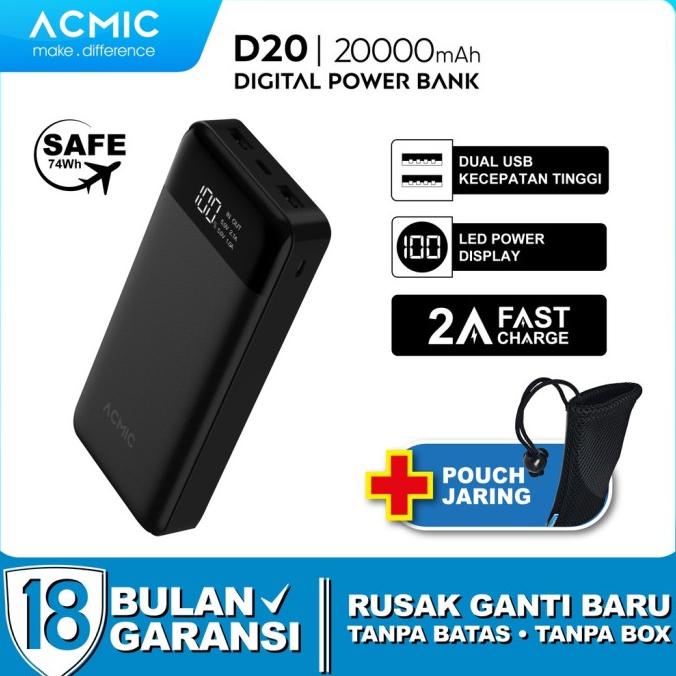 Acmic D20 20000Mah Digital Display 2A Fast Charge Powerbank Terlaris....