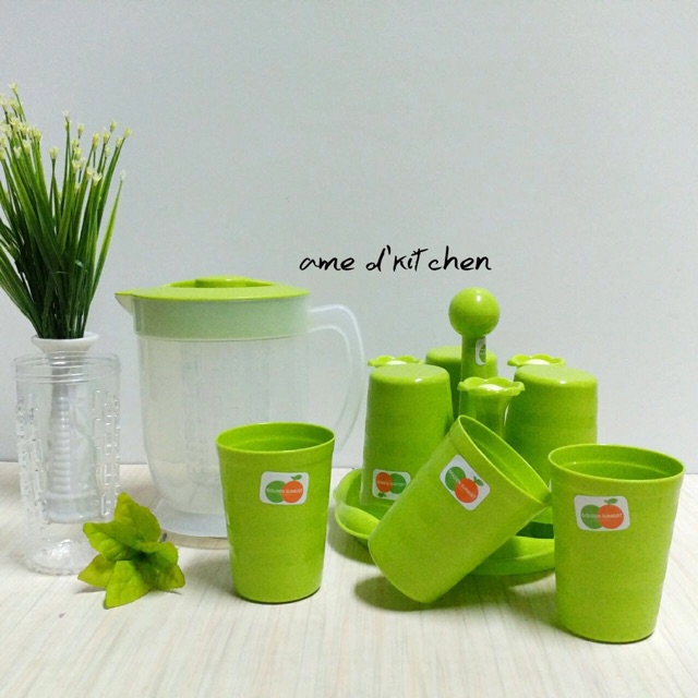 Teko bening + saringan+ gelas isi 6 + 6 pc gelas (G 5013 )golden sunkist hijau