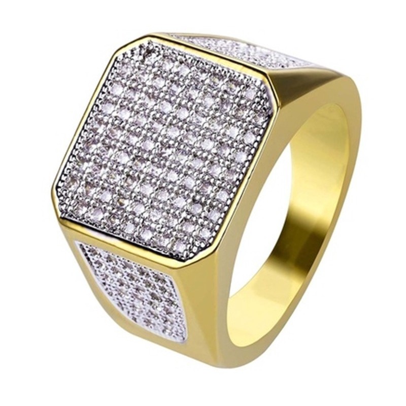 Fashion Gold Cluster Iced Out Lab Simulated Diamond Band Micropave Bling Ring