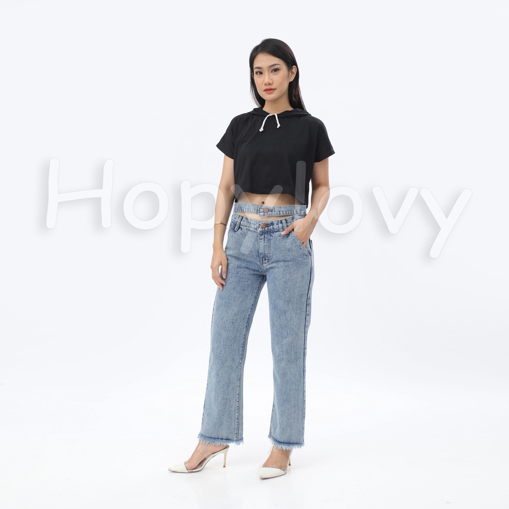 HOPYLOVY Celana Boyfriend Jeans Wanita Highwaist Jeans Rawis Double Button Gista