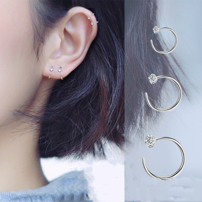 Papaozhu 1pasang Korea S925 Perak Kecil Bulat Kristal Anting Hoop Untuk Wanita Gadis Fashion Cuff Earring Chic Telinga Tulang Klip Perhiasan