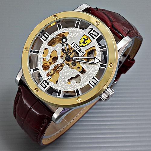 Jam Tangan Pria Ferrari Skeleton Clown Kulit Leather Brown Combi White Ferarri Automatic