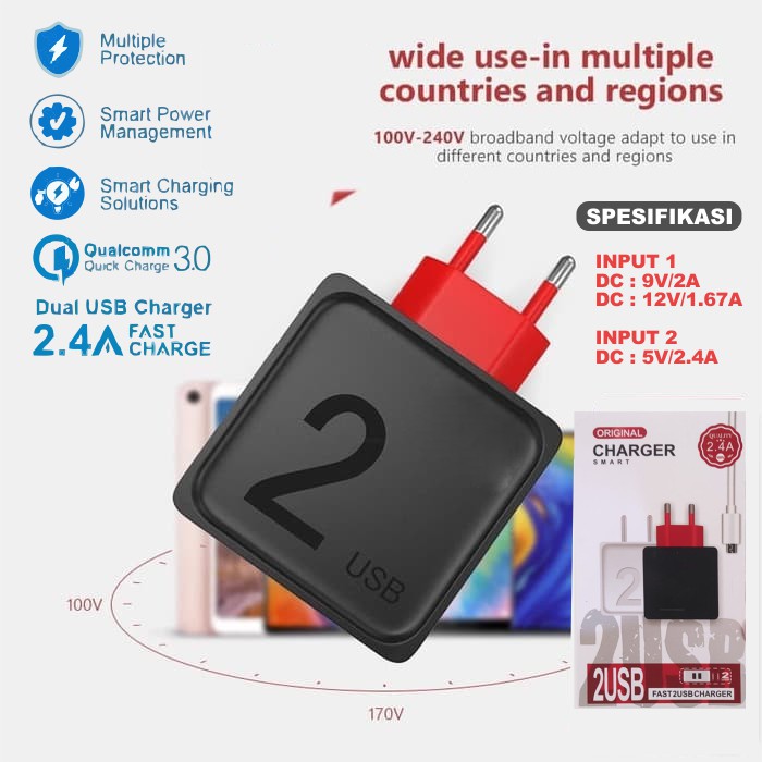 Adaptor Charger PREMIUM QUALITY BATOK Kepala Charger 2 Ports USB FAST CHARGING 2.4A Free Kabel Data