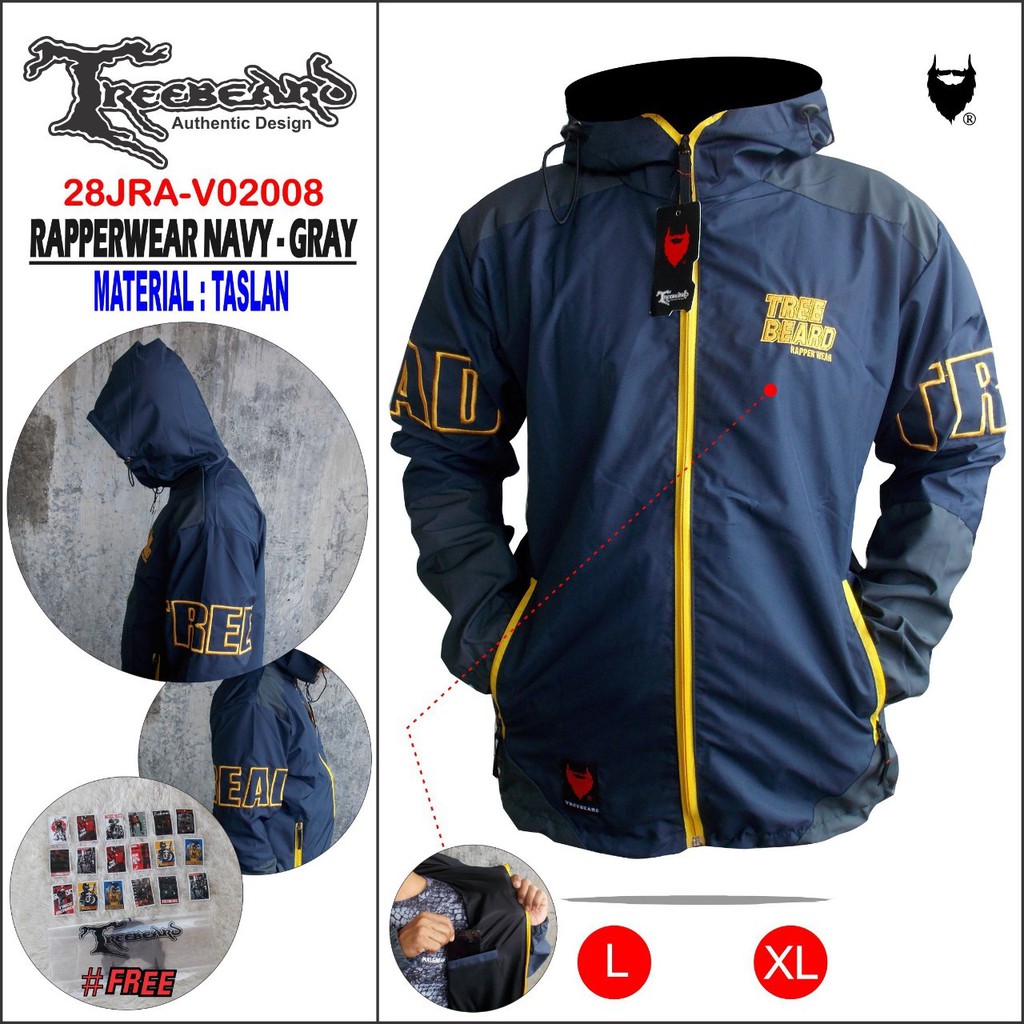 AKN- JAKET HOODIE PRIA ANTI AIR / JAKET PARASUT PRIA OUTDOR WATERPROOF RAPPERWEAR ORIGINAL TREEBEARD-RA- NAVY  GRAY