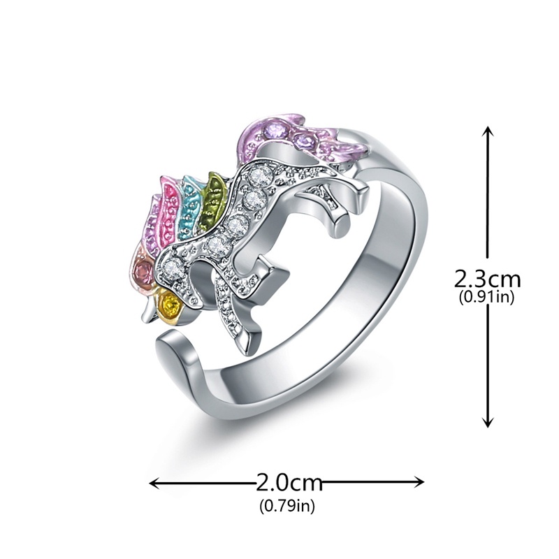 Cincin Model Terbuka Adjustable Desain Kartun Unicorn Aksen Berlian Warna Pelangi