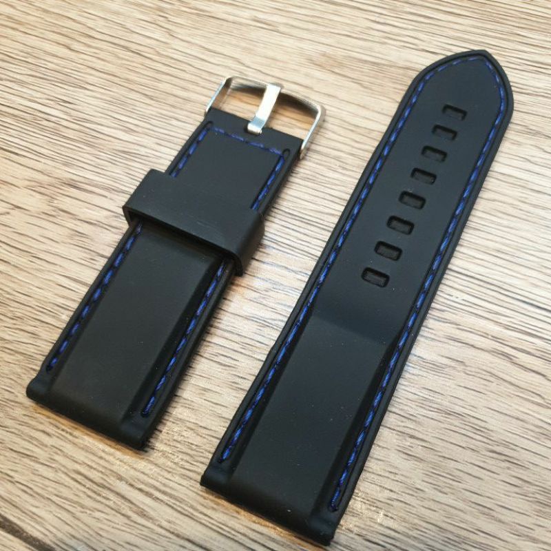 Termurah tali jam tangan karet rubber warna hitam list biru  strap jam tangan karet rubber