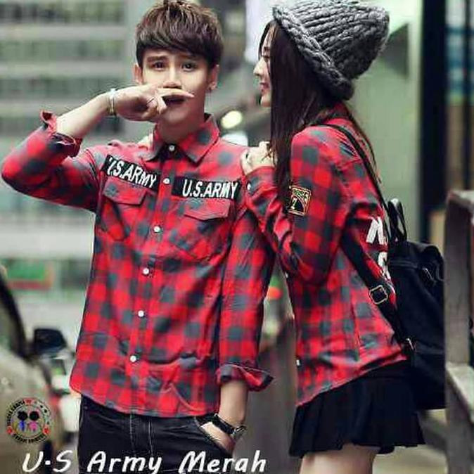 KUALITAS BAGUS KEMEJA COUPLE US ARMY RED FREE ONGKIR..