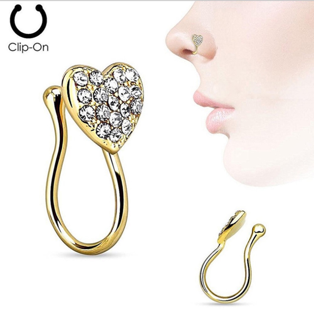 MXBEAUTY Fashion Jewelry Fake Nose Ring Men Crystal Nose Hoop Rings Women New Love Heart Fake Septum Stainless Steel Fake Piercing Nose Clip