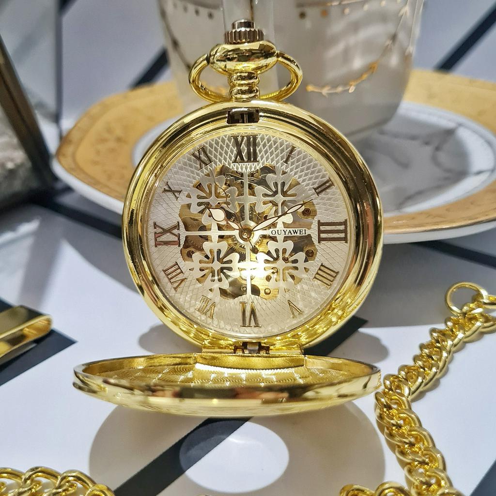 POCKET WATCH Jam Saku Kantong Gold Automatic Otomatis Mechanical Mekanik Skeleton Flambouyant