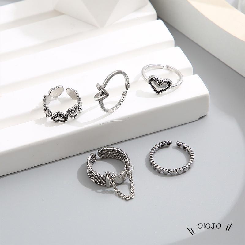 【COD】5pcs / Set Cincin Jari Telunjuk Model Terbuka Desain Hati Hollow Gaya Retro Simpel Kreatif