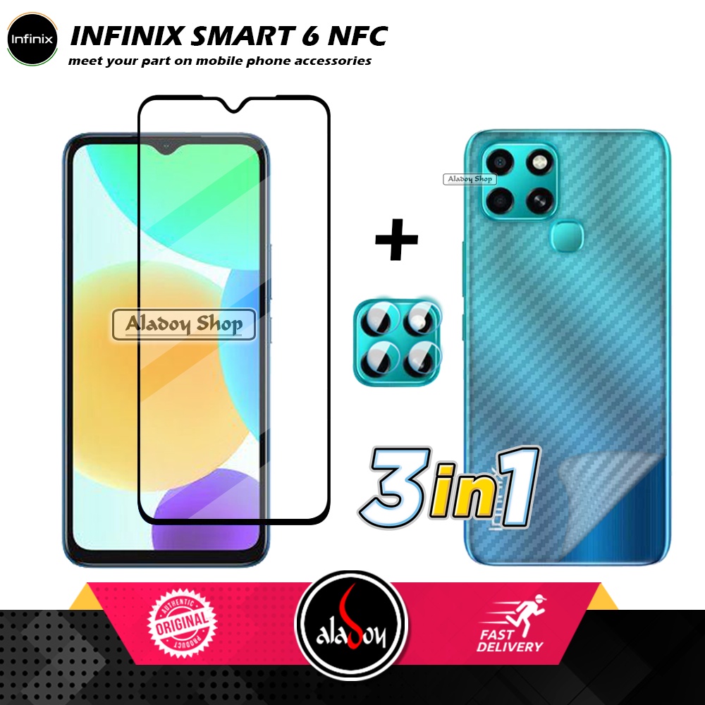 PROMO 3 IN 1 PAKET Tempered Glass Infinix Smart 6 NFC Free Tempered Glass Camera dan Skin Carbon