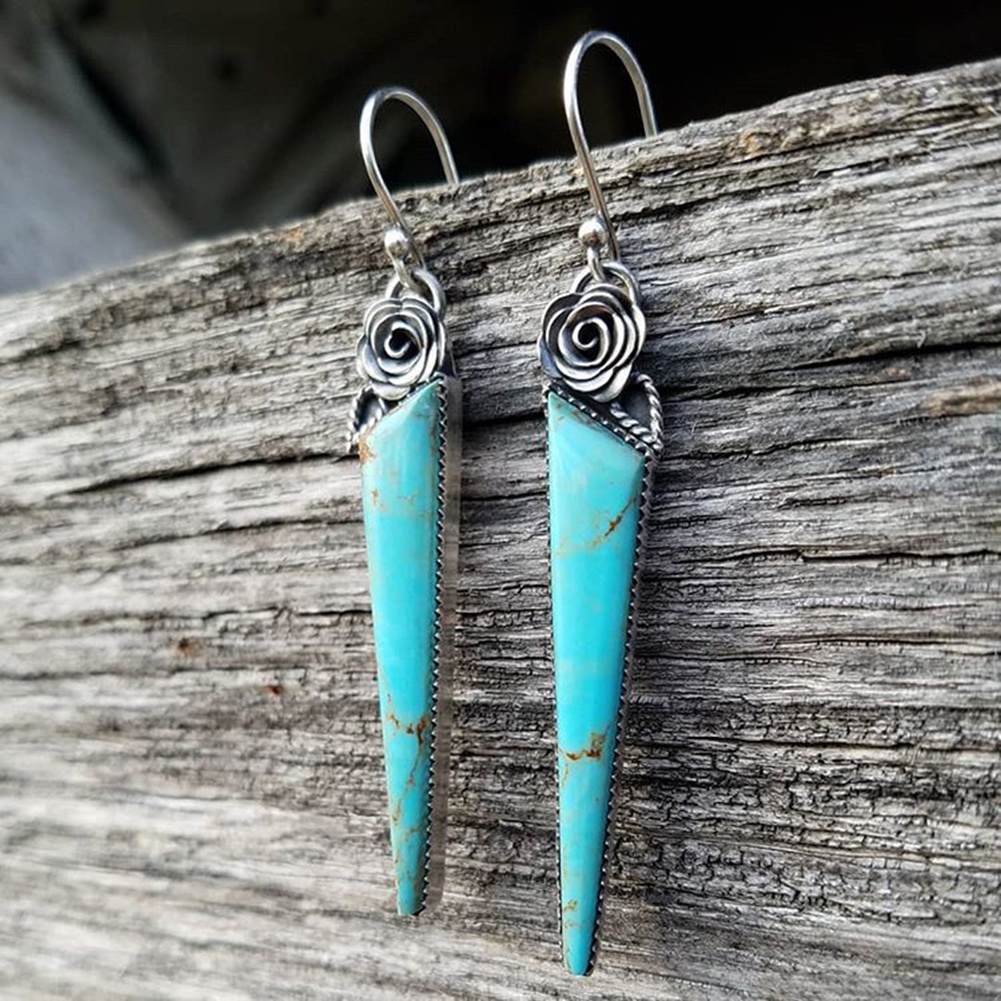 Hu Hu Hu Hu Hu Alat Bantu Pasang Kacamata♡ Anting Kait Gantung Desain Mawar Segitiga Hias Turquoise Imitasi Gaya Vintage Untuk Wanita