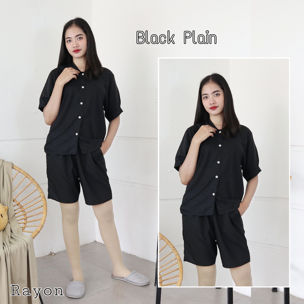 IZANY Piyama Dewasa Hotpant Lengan Balon / HP / Set Celana Pendek Dewasa banyak varian RAYON-BLACK PLAIN RA