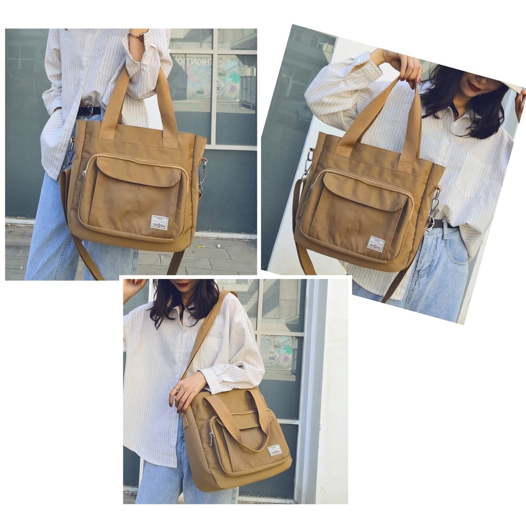 TAS SELEMPANG  WANITA KANVAS COKLAT TOTEBAG KOREA GARETA TA549B7 KULIAH KERJA RESLETING SLING BAG IMPORT MURAH SIMPLE REMAJA KEKINIAN BATAM BRANDED PREMIUM