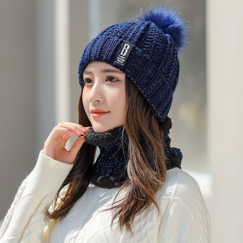 Winter Knitted Beanie Pompom Scarf Set Woman Fur Inside / Topi Kupluk + Syal