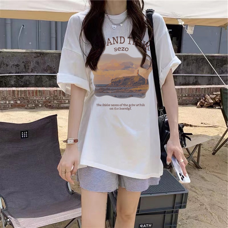 EUNII T-shirt Lengan Pendek Lanskap Pencetakan Longgar Korean Style /Kaos Atasan Wanita/Baju Kaus Oversize Wanita