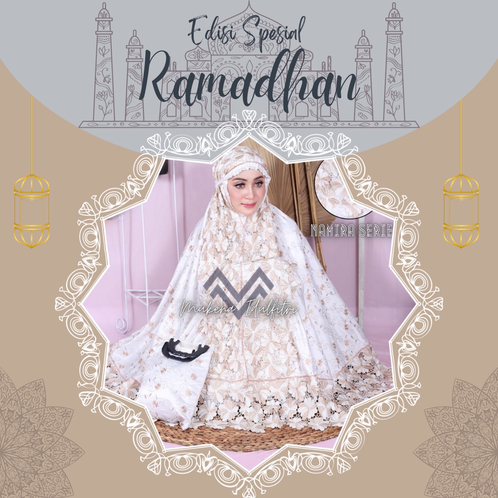 Mukena Dewasa Sutra Paris Prada Full Bordir KD Renda Bunga Mix Gold Putih Swarovski Terbaru - NAMIRA
