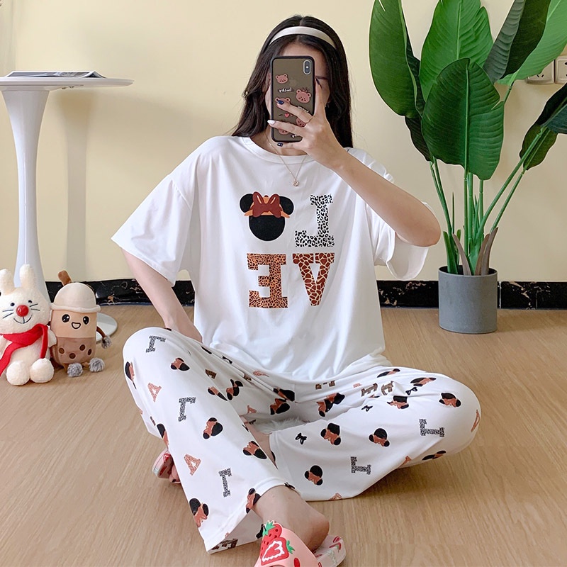 Piyama Oversize Bahan Kaos Lengan Pendek Baju Tidur Wanita pakaian tidur wanita kaos set baju tidur wanita piyama-minnie cheeta