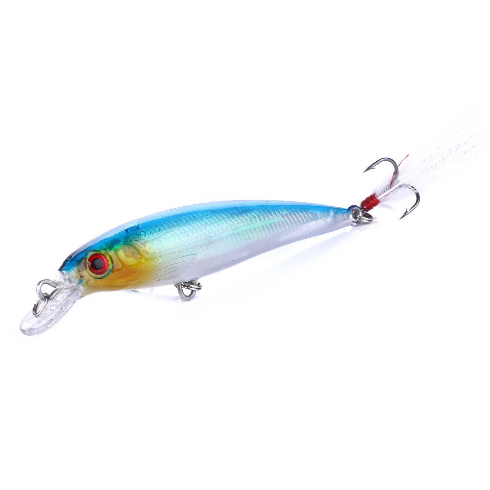 HENGJIA 10pcs 9cm/7.2g Minnow Umpan Pancing Bentuk ikan Kecil dengan Bulu Bass Bait Fishing Lure