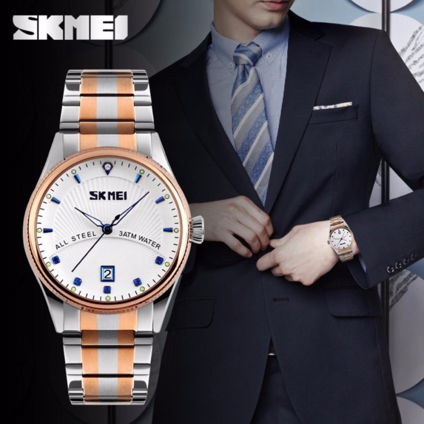 SKMEI Jam Tangan Pria Analog Anti Air Analog Tali Rantai Rante Besi Stainless Steel Waterproof WR30m