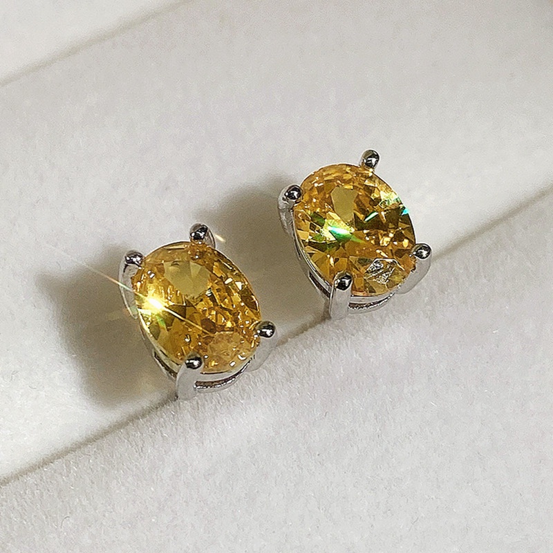 Anting Stud Cubic Zirconia Bentuk Oval Warna Putih Pink Kuning Gaya Minimalis Elegan Untuk Wanita