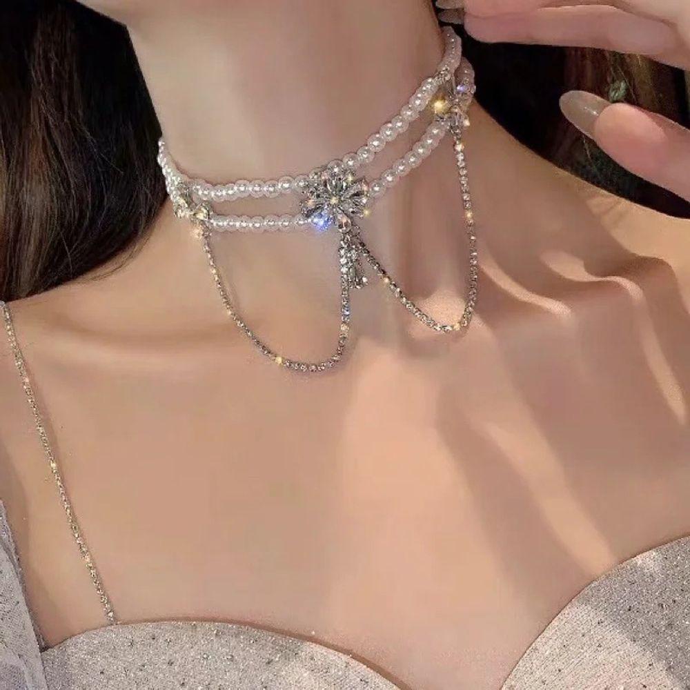 Agustina Perempuan Multi-layer Kalung Retro Vintage Rantai Mesh Berlian Imitasi Peri Mutiara Kalung