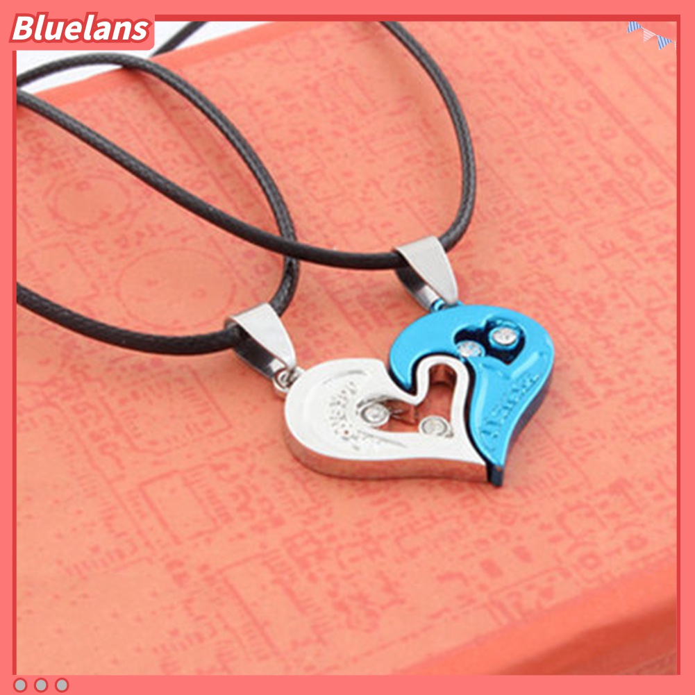 2pcs / Set Kalung Liontin Hati Tulisan I Love You Aksen Berlian Imitasi Untuk Pasangan