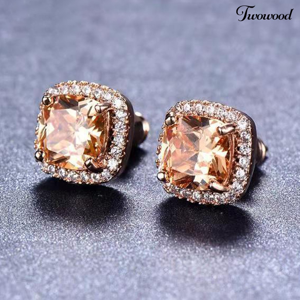 1 Pasang Anting Stud Cubic Zirconia Bentuk Persegi Bahan Alloy Untuk Daily Life