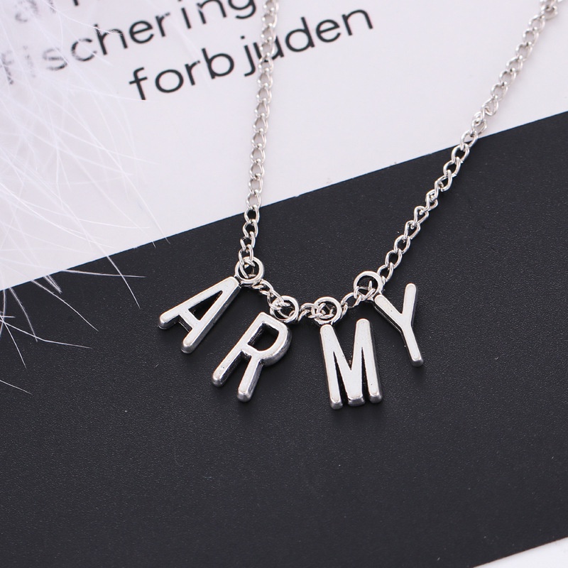 Kalung Rantai Dengan Liontin Tulisan ARMY BTS Park Jimin Bahan Stainless Steel