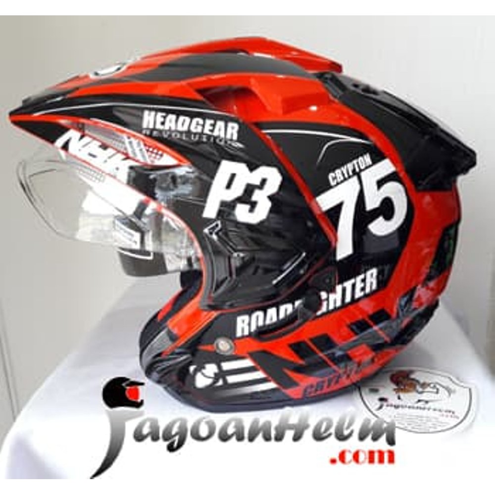 PROMO  NHK Helm Predator CRYPTON 75  RED Black  Half Face Dual Visor