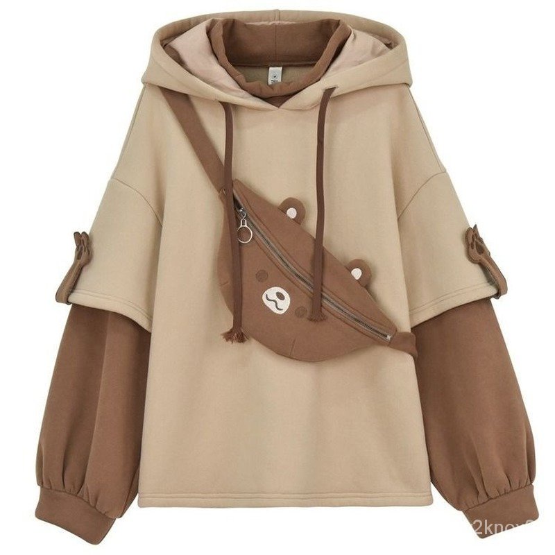 HOUZHOU Kawaii Cute Oversize Hoodie Women Harajuku Anime Pullover Soft Girl Korean Fashion Bear Patc