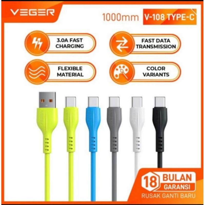 ORIGINAL 100% Kabel data VEGER V-107 MICRO USB / VEGER V-108 TYPE-C  VEGER V-109 IPHONE QC3.0 fast quick charging 1meter