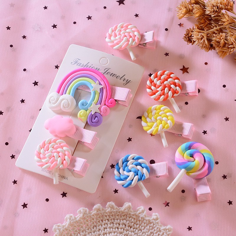 BS394 Jepitan Rambut 1 Set Isi 3pcs Hair Clip Rainbow Lollipop / Aksesoris Rambut Pelangi Anak