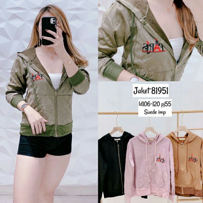 Jaket Wanita Suede Import Premium Korea Fashion One Size 81951 - Hitam Cuci Gudang