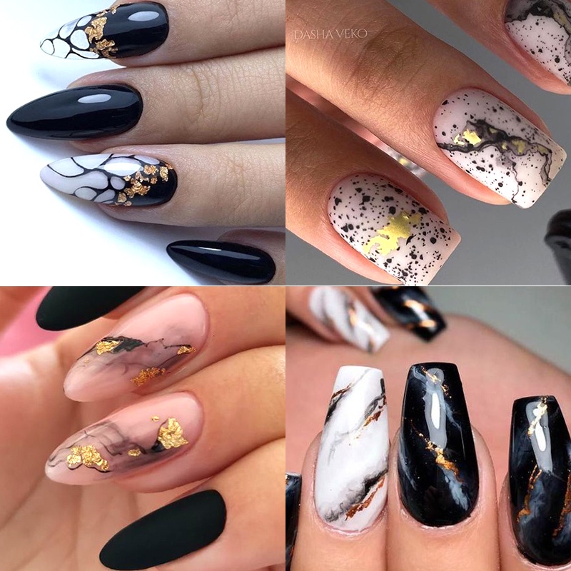 1 Lembar Stiker Kuku 3D Motif Marmer Warna Hitam Putih Untuk Dekorasi Nail Art