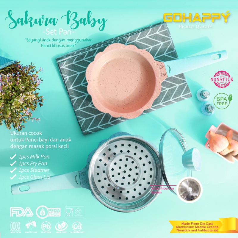 GOHAPPY SAKURA panci set mpasi baby /wajan bayi susu sauce pan/ fry pan frypan 16cm/ Pengukus GH-J24