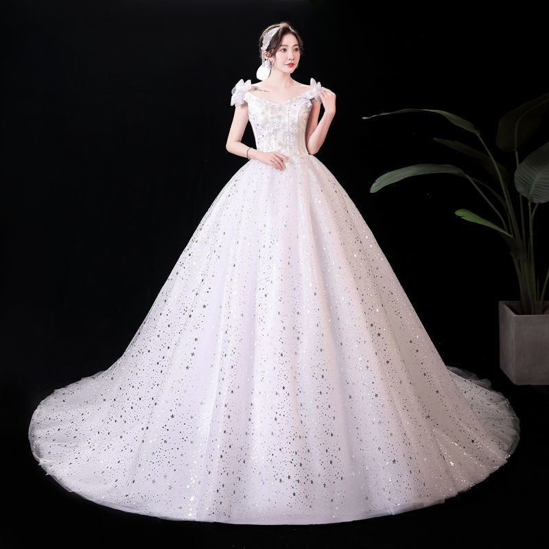 156 White Bling Bling Off Shoulder Long Tail Women Party Wedding Gown Dress Bridal Wedding Dress