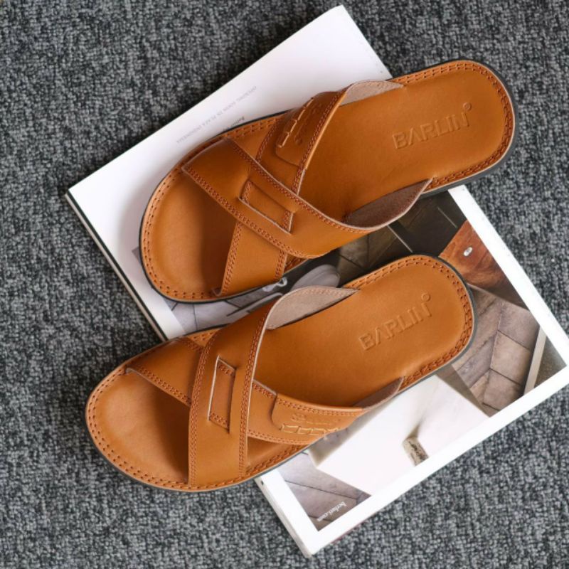 BRLN 002 Tan Sandal Pria Casual Terbaru Sendal Slide Selop Kasual Cowok