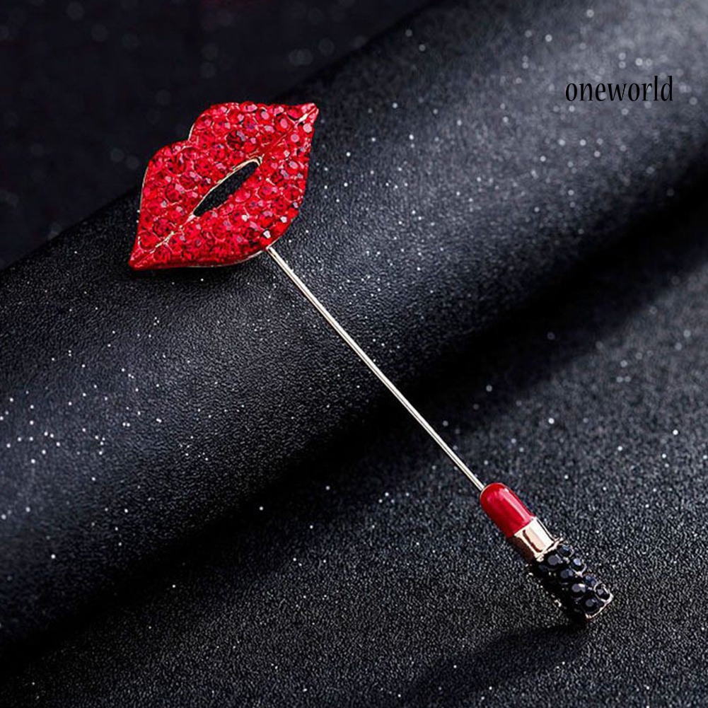 OW@ Red Lips Lipstick Rhinestone Inlaid Brooch Pin Women Cardigan Shawl Breastpin