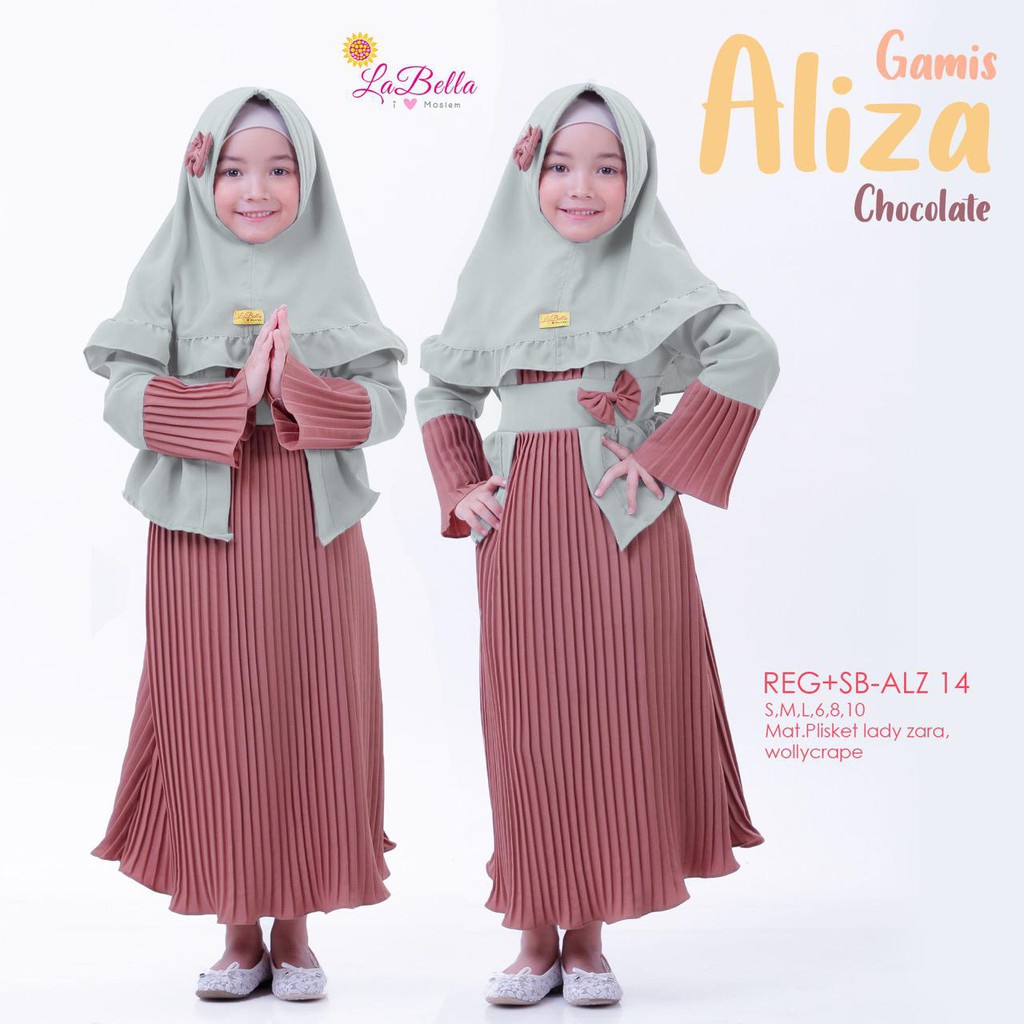 (2-10 tahun) ALZ 14 Baju Muslim Gamis Anak Labella Aliza Plisket Coklat