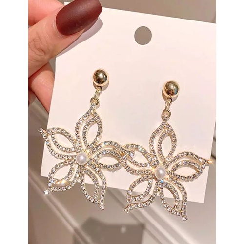 LRC Anting Tusuk Fashion Golden Alloy Rhinestone Pentagram Stud Earrings V57122