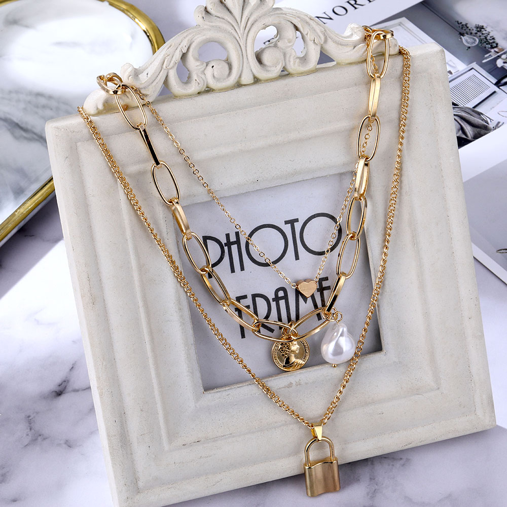 Kalung Rantai Bahan Aluminum Warna Emas Gaya Vintage Punk Hip Hop Korea Untuk Wanita