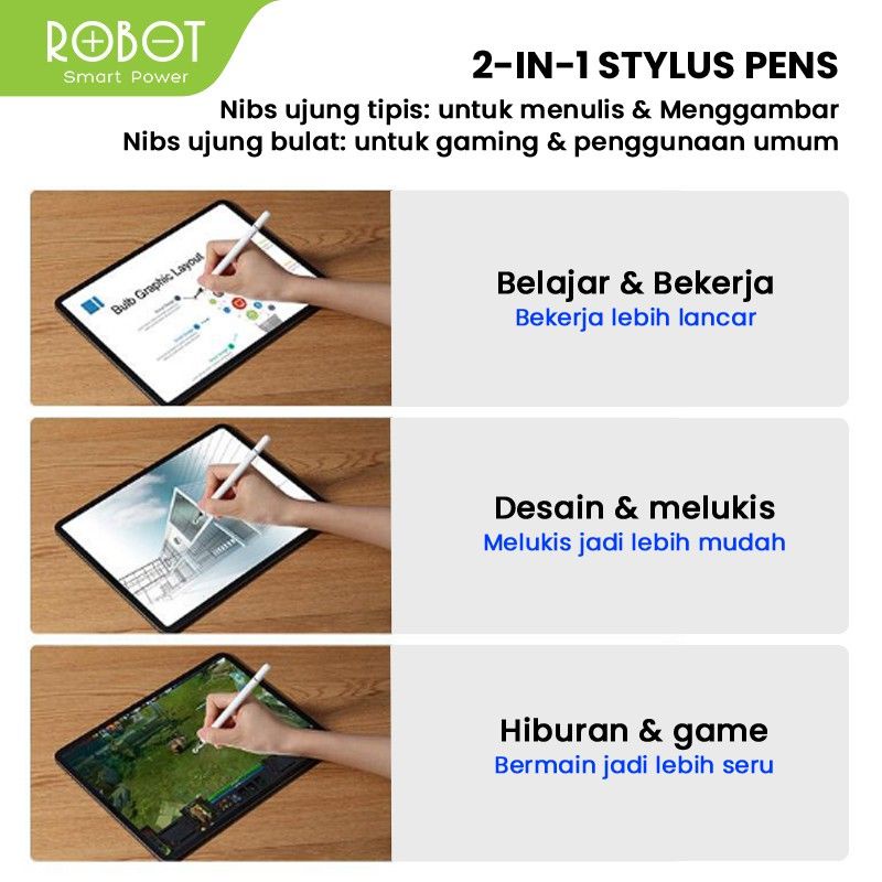 ROBOT RSP01 Universal 2 in 1 Capacitive Stylus Pen for Mobile and Tablet PC White - Garansi 1 Thn