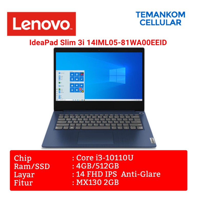 Laptop LENOVO IdeaPad Slim 3i 14IML05-81WA00EEID core i3 VGA MX130 Garansi Resmi