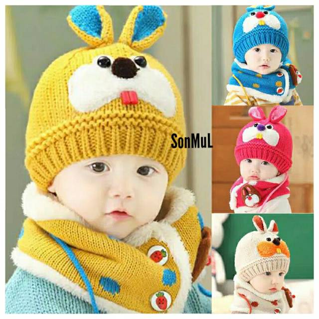 KIDS WINTER BUNNY SET HAT &amp; SCARF KNITTED TOPI DAN SYAL RAJUT ANAK MUSIM DINGIN