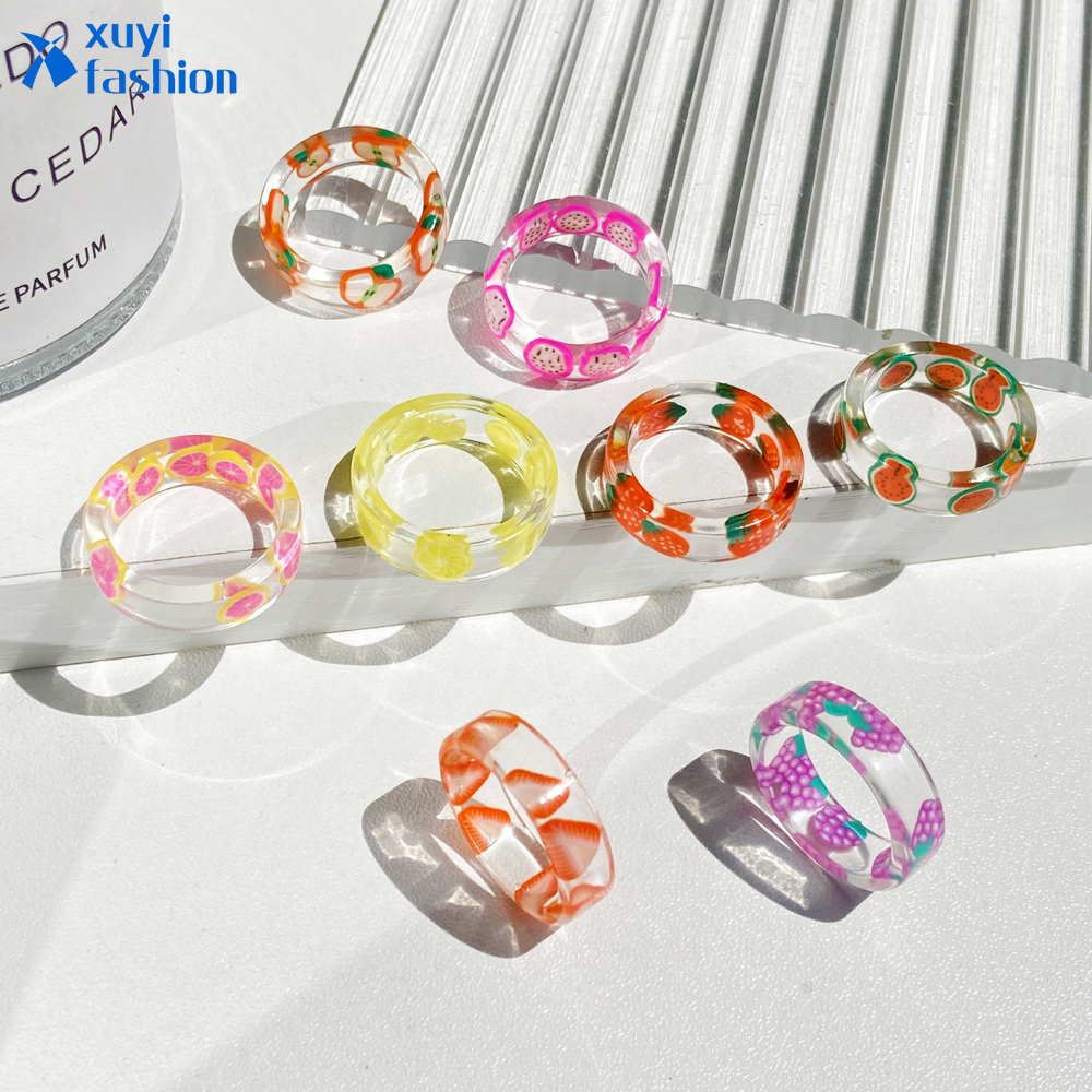 Creative Cute Transparent Resin Ring Simple Fashion Fruits Finger Ring Women Jewelry  Accessories