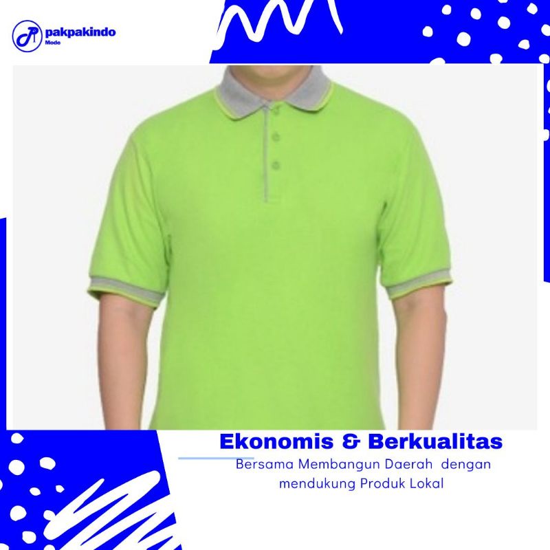BAJU KAOS POLO KERAH HIJAU STABILO KOMBINASI ABU-ABU LENGAN PENDEK PRIA WANITA