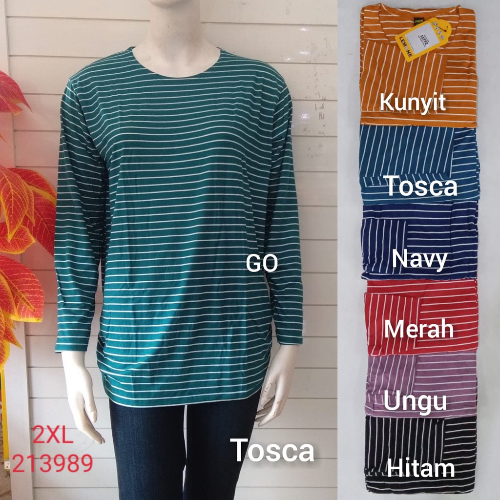 gof AS LMN BIG SIZE Pakaian Wanita Atasan Kaos Motif Salur Garis Katun Casual Santai Lengan Panjang