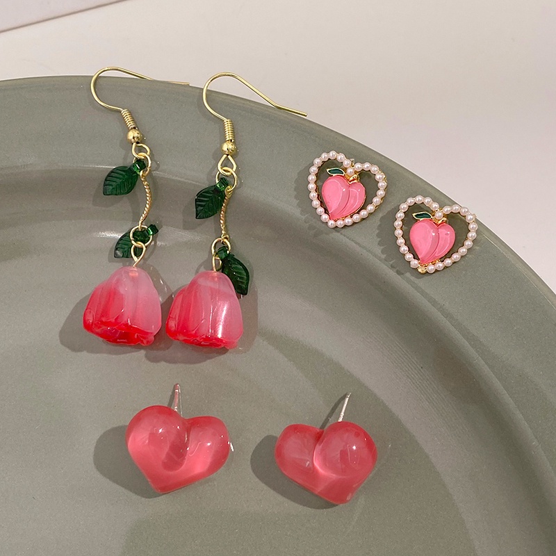 2023anting Gaya Korea Baru Anting Mutiara Merah Muda Perempuan Cinta Busur Anting Bunga