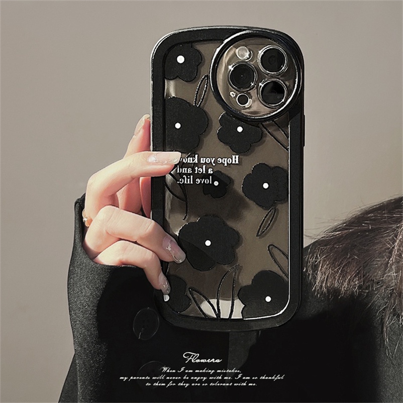 Soft Case Pelindung Penuh Motif Bunga Hitam Translucent Tahan Banting Untuk Compatible for iPhone 14 13 12 11 Pro Max SE Xr X Xs Max iPhone 7 8 6 6s Plus Black Translucent Flower Phone Case Full Cover Soft Frame Shockproof Phone Protective Cover